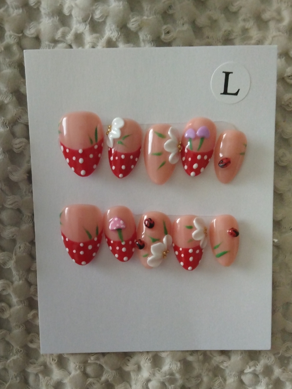 Peach & Red Polka Dot French Floral Size L Press-On Nails 🐞